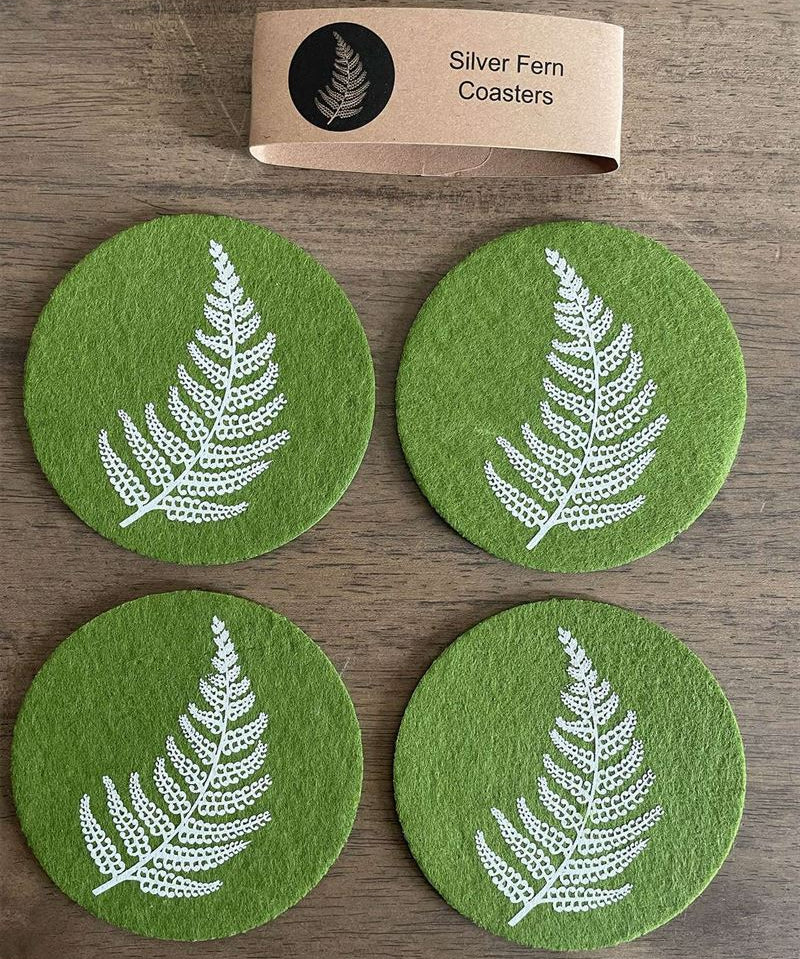 Silver Fern On Green Set of 4 - Ecofelt Coaster