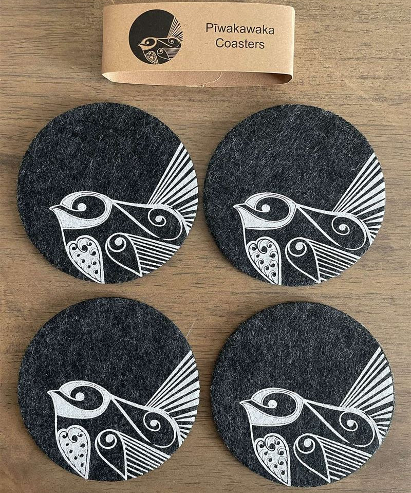 Piwakawaka On Dark Grey Set of 4 - Ecofelt Coaster