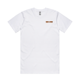 White t-shirt with a small logo on the chest against a white background