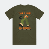 Green t-shirt with 'Take a Hike! New Zealand' graphic of cartoon walking