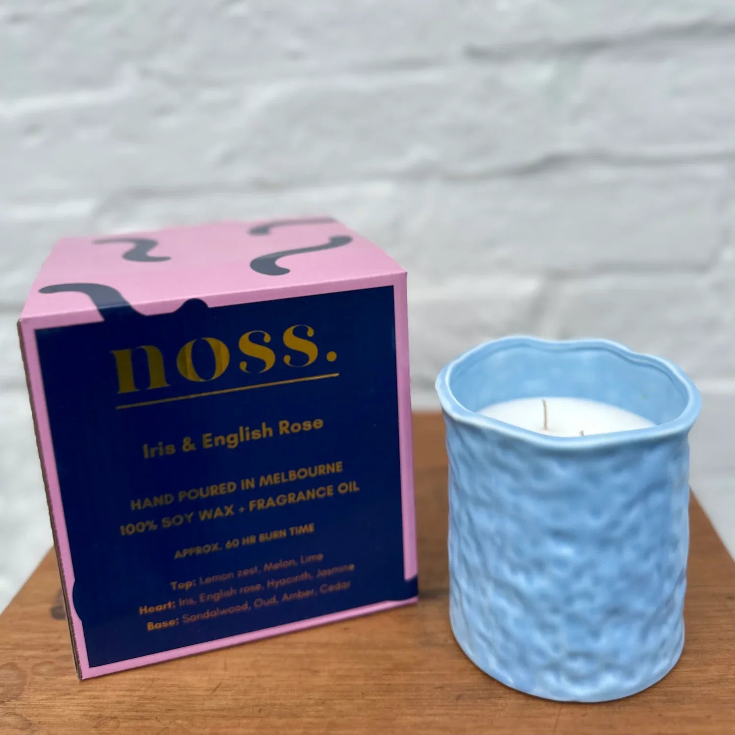 Large Iris & English Rose Candle - Blue Textured Jar
